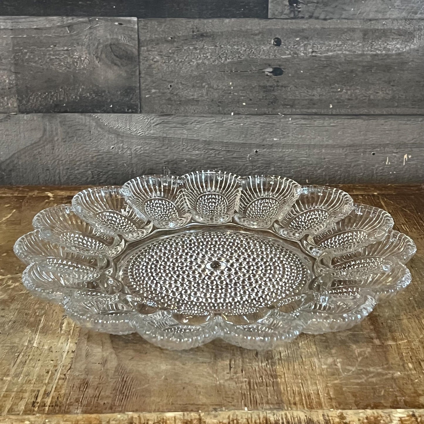 Vintage Indiana Glass Hobnail Clear Glass Egg Serving Dish - Deviled Egg Server - Oyster Plate