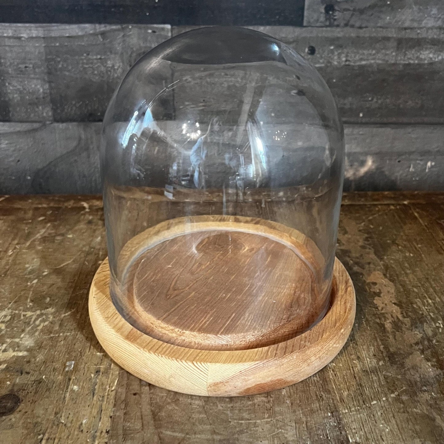 Clear Glass Dome Display on Round Wooden Base