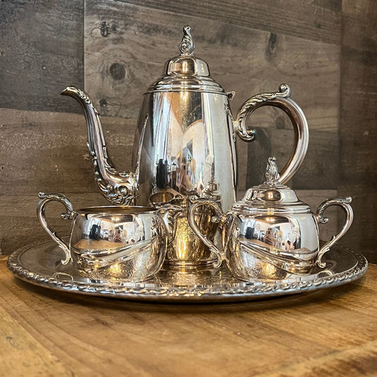 Vintage WM Rogers Silverplated Tea Set - Round Serving Tray, Teapot, Creamer Pour and Sugar Dish