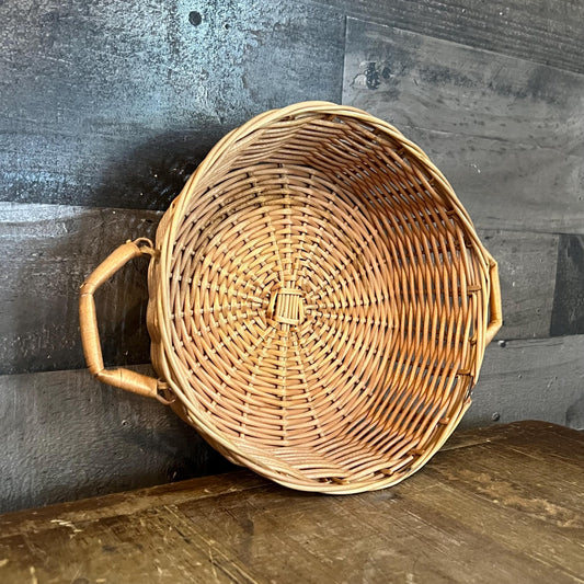 Vintage Shallow Handled Round Wicker Basket