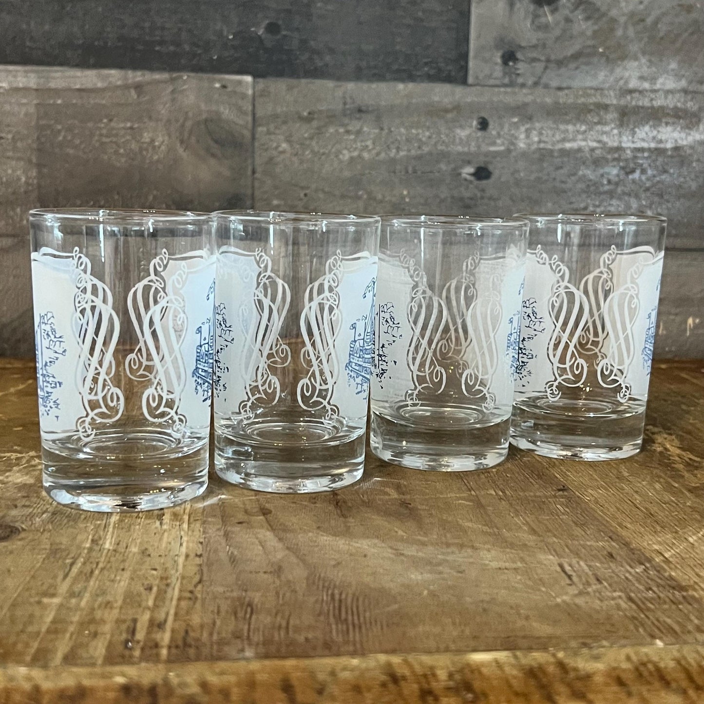 Vintage Set of 4 Royal USA Currier and Ives Blue Juice Glasses - Short Tumblers