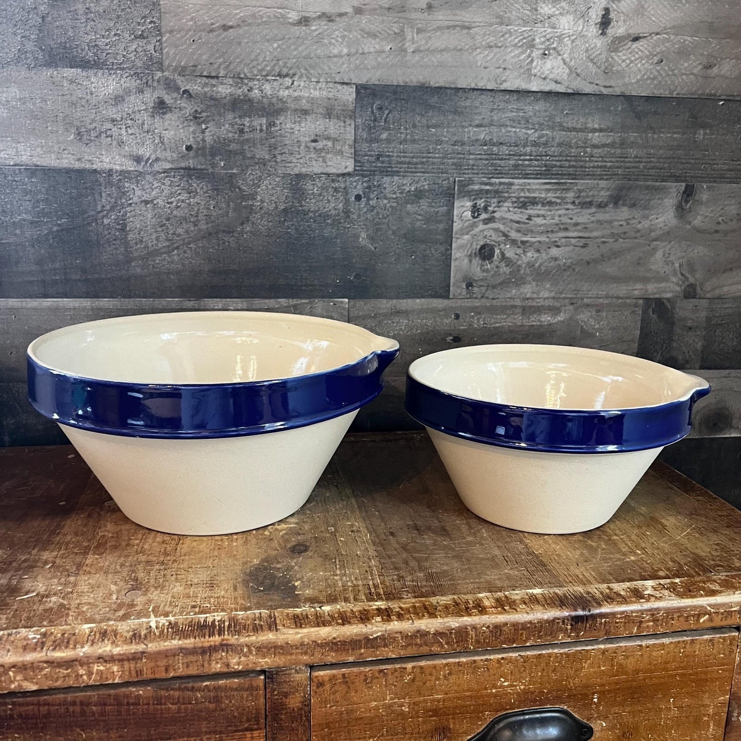 Vintage Grespots Digoins Beige and Blue Glazed Rim Large and Medium Mixing Bowls