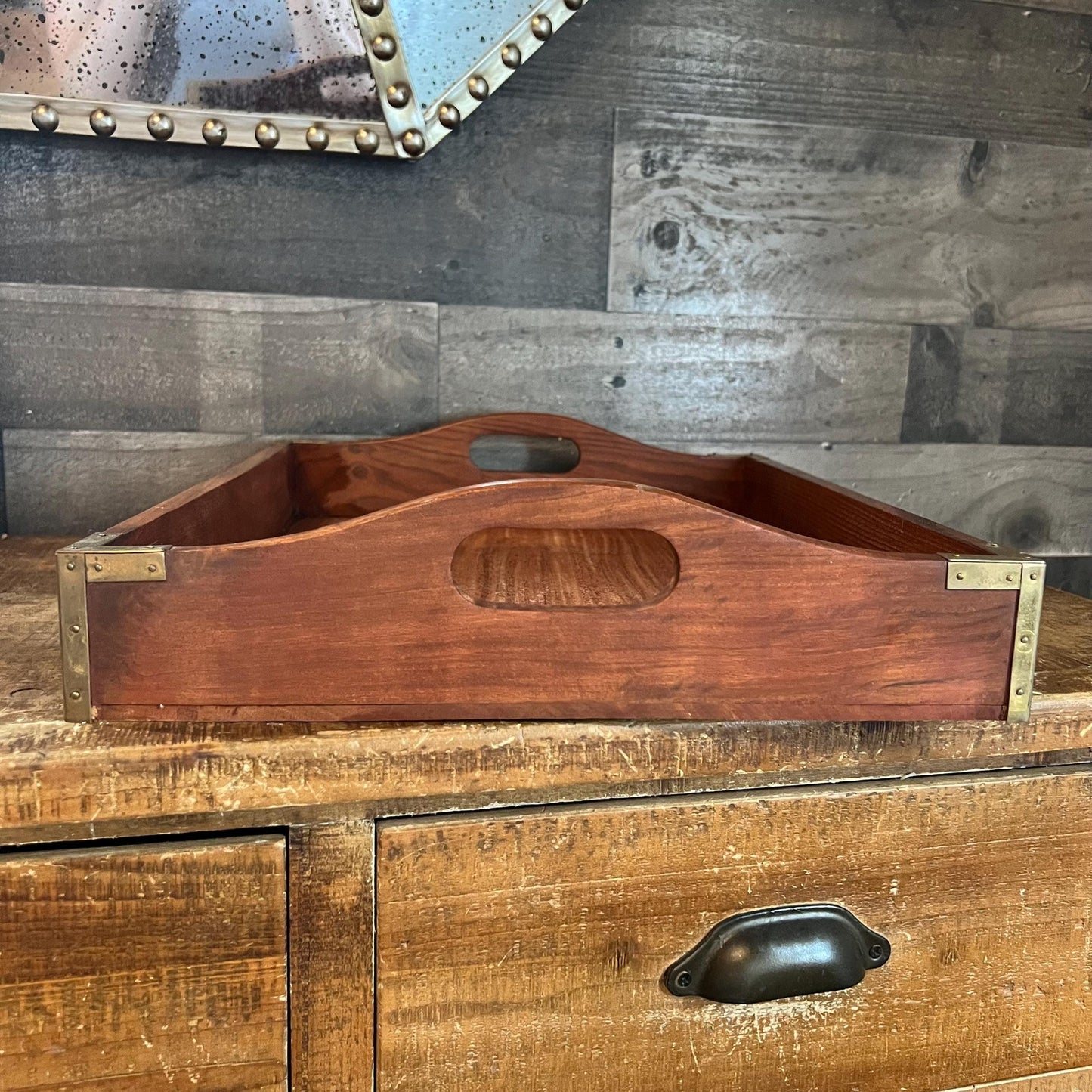 Vintage Wooden Rectangular Handled Copper and Brass Accent Titanic 1912 Coffee Table Tray - Serving Tray - Bar Tray