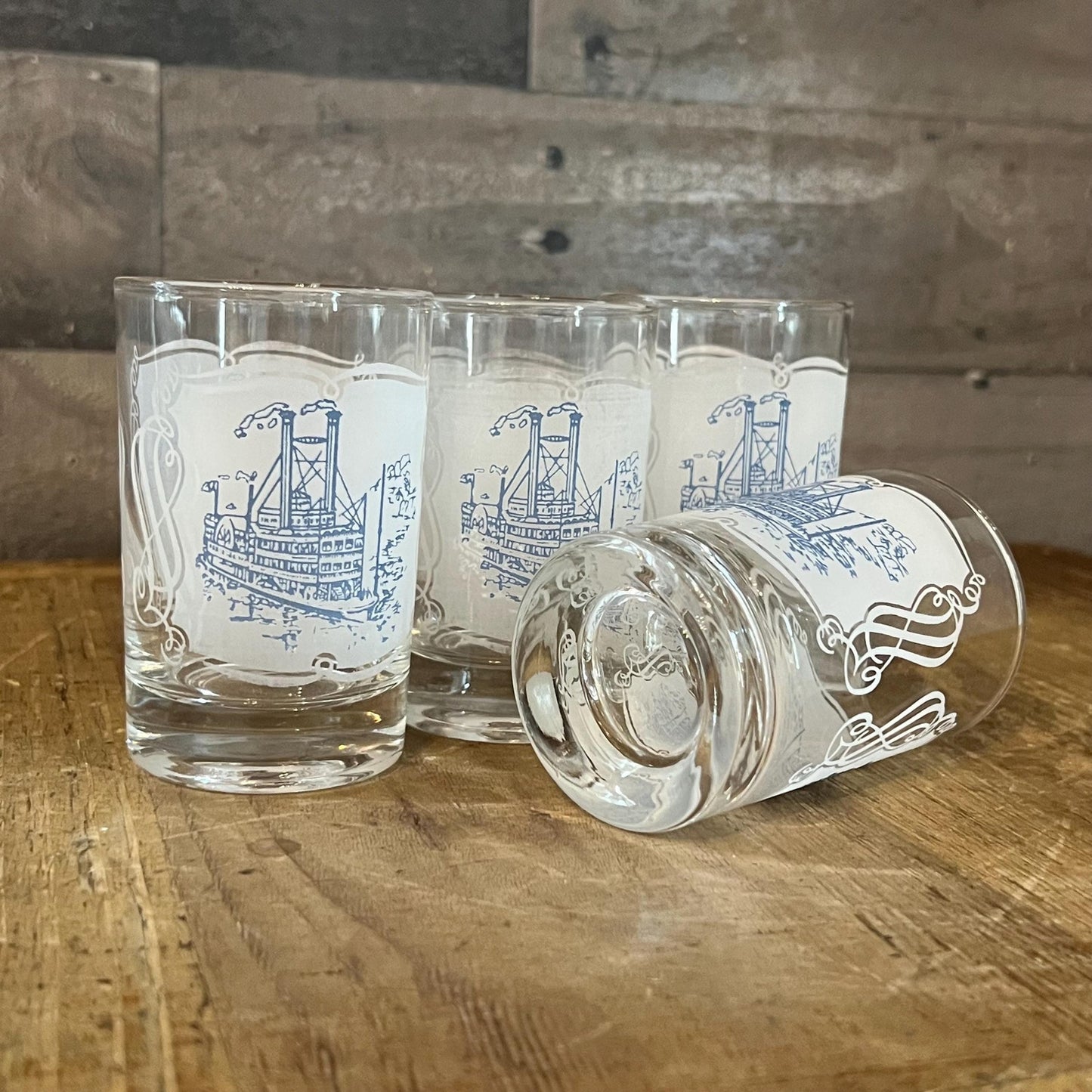 Vintage Set of 4 Royal USA Currier and Ives Blue Juice Glasses - Short Tumblers