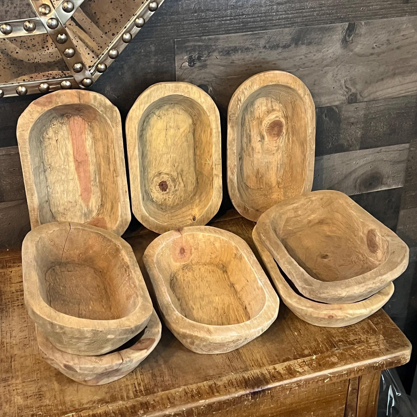 Rustic Hand Carved Wooden Dough Bowl - Natural Wood Tone