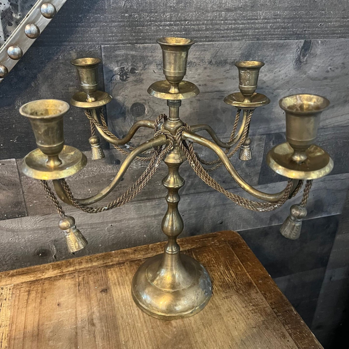 Vintage Solid Brass 5 Candlestick Holder Candelabra with Tassle Rope Detailing