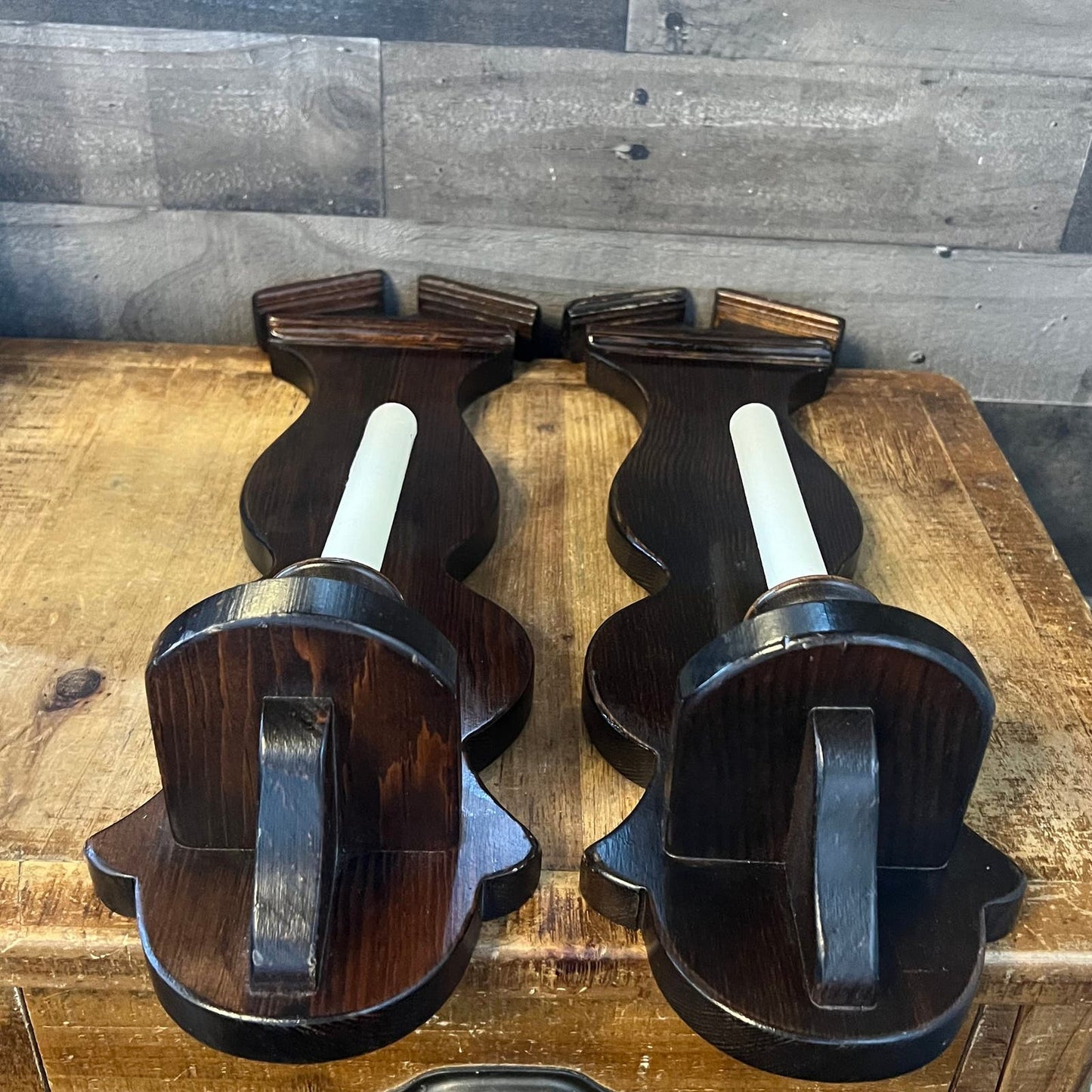 Vintage Pair of Wooden Candlestick Wall Sconces
