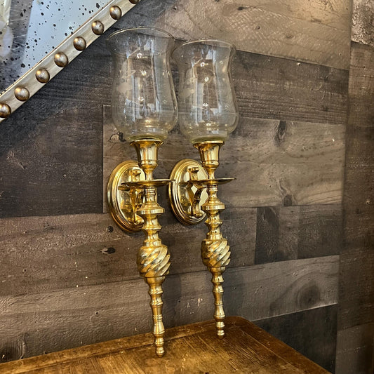 Vintage Pair of Brass Candlestick Holder Wall Sconces with Floral Etched Glass Hurricane Votives