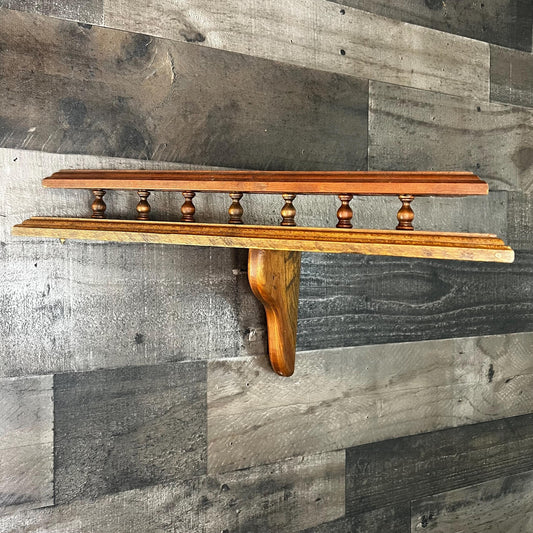 Vintage Wooden Corner Shelf with Spindle Railing