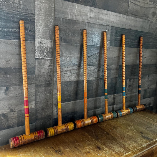 Vintage Wooden Multicolor Croquet Mallets - Set of 6