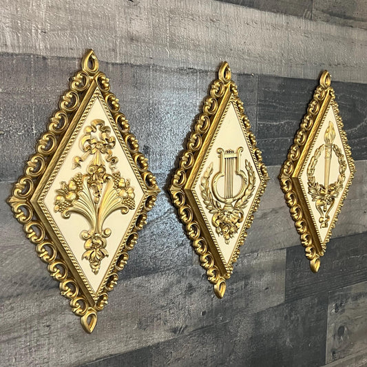 Vintage Homco Diamond Shaped Gold and Beige Tone Wall Plaques - Set of 3
