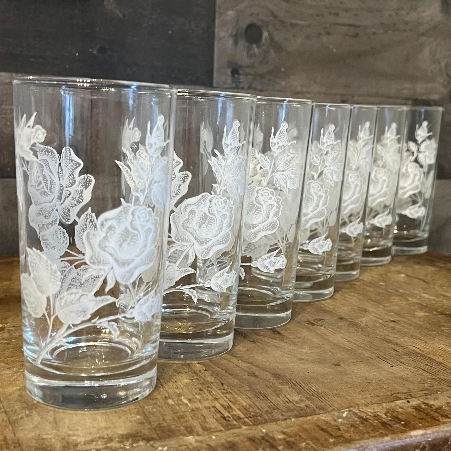 Vintage Libbey White Rose and Leaves Pattern Highball Glasses - Set of 7