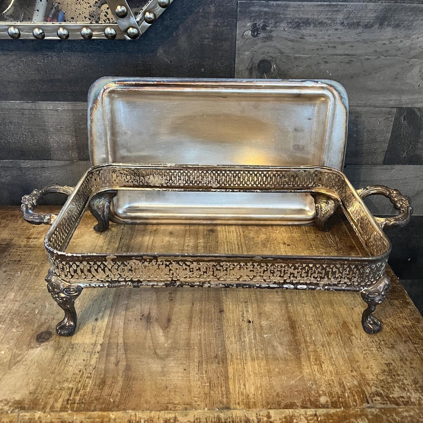 Vintage Silverplated Rectangular Footed Lidded Casserole Dish Holder with Anchor Hocking Clear Glass Casserole Dish