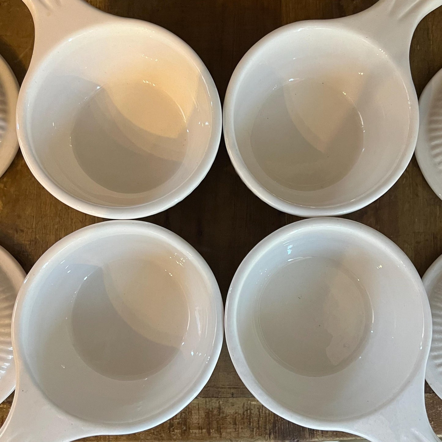 Vintage Creamy White California Pottery Stoneware Handled Lidded Soup Bowls - Set of 4