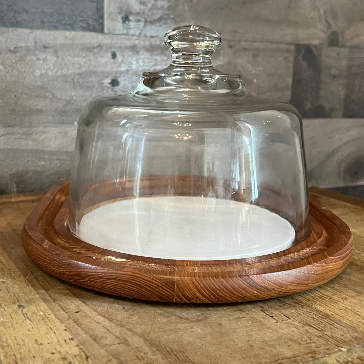 Vintage Wooden Cheese Board with Round Marble and Glass Dome - Dolphin Teakwood