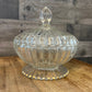 Clear Glass Footed Ribbed Lidded Candy Dish with Aged Gold Rim Base