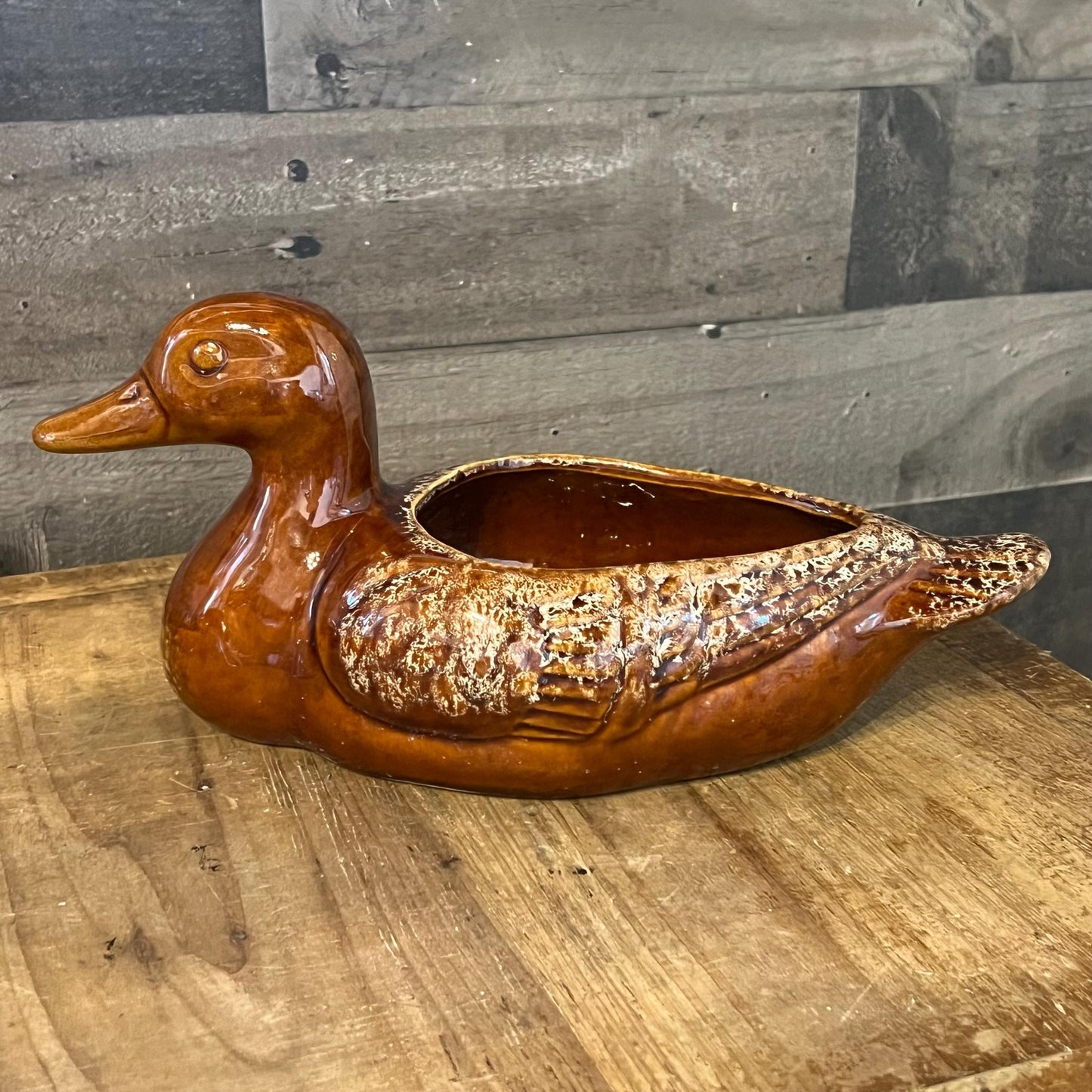 Vintage Stoneware Brown Glaze Duck Pottery Vessel