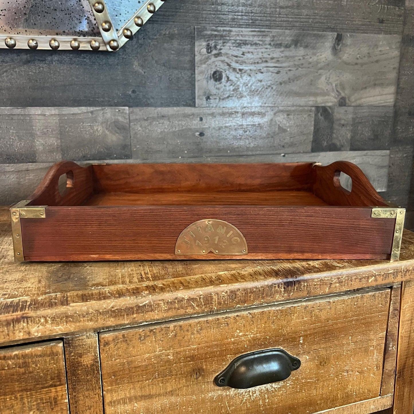 Vintage Wooden Rectangular Handled Copper and Brass Accent Titanic 1912 Coffee Table Tray - Serving Tray - Bar Tray