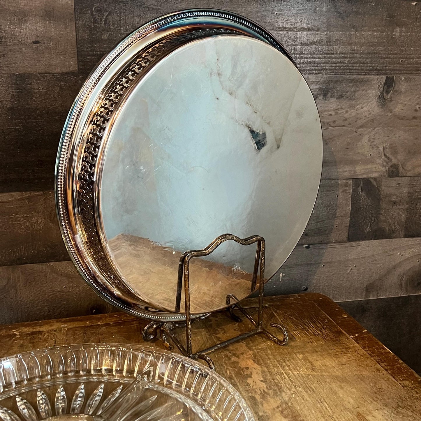 Vintage Oneida Round Silverplated Tray with Raised Reticulated Rim and Divided Glass Compartment Tray Insert