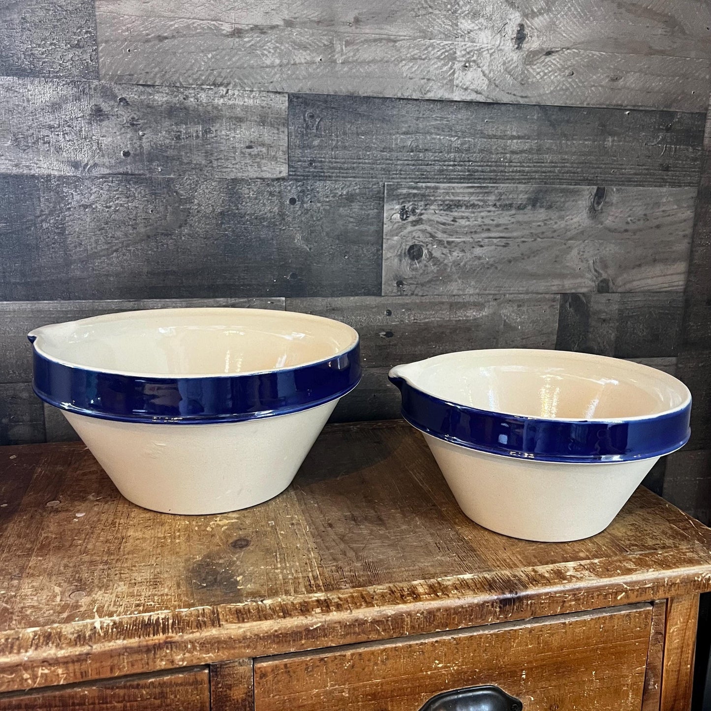 Vintage Grespots Digoins Beige and Blue Glazed Rim Large and Medium Mixing Bowls