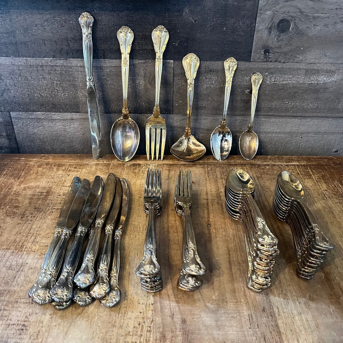 Vintage Godinger Gold Tone Gold Master Silverware Set - Forks, Spoons, Knives, Serving Spoon, Fork and Ladle