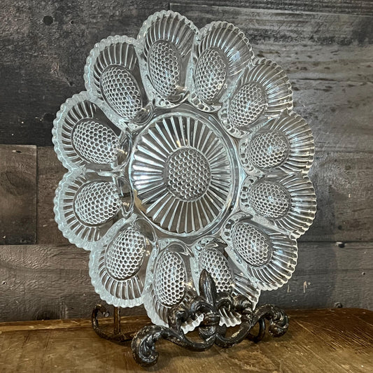Vintage Clear Glass Egg Serving Dish - Deviled Egg Server - Oyster Plate