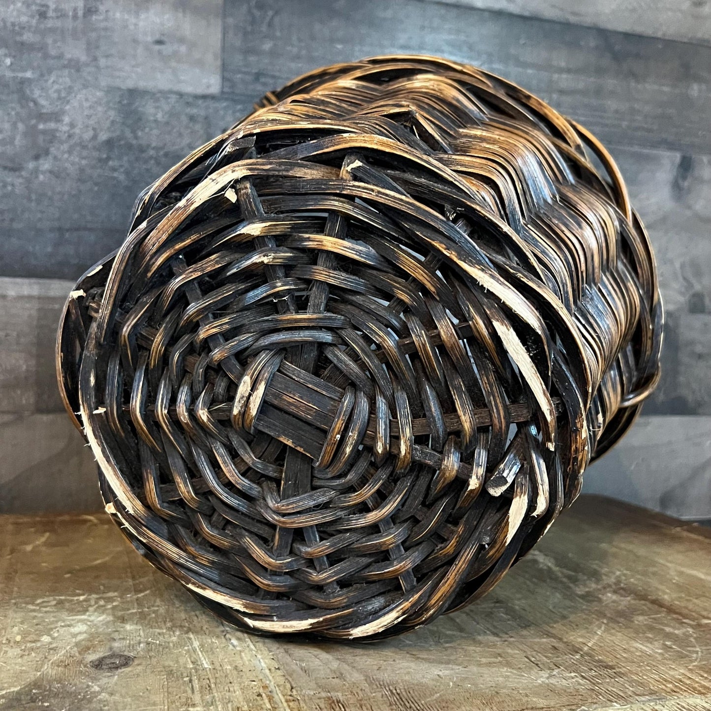 Brown Woven Wicker Round Handled Basket