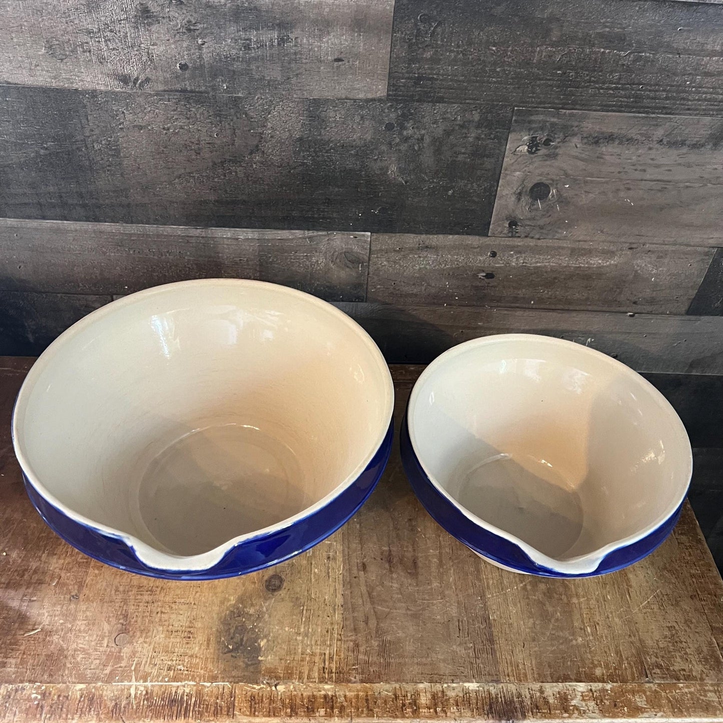 Vintage Grespots Digoins Beige and Blue Glazed Rim Large and Medium Mixing Bowls