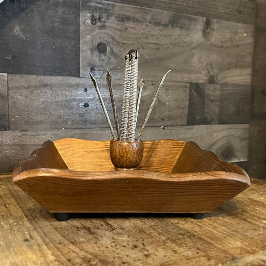 Vintage Wooden Nut Bowl with Nut Cracker and Nut Picks