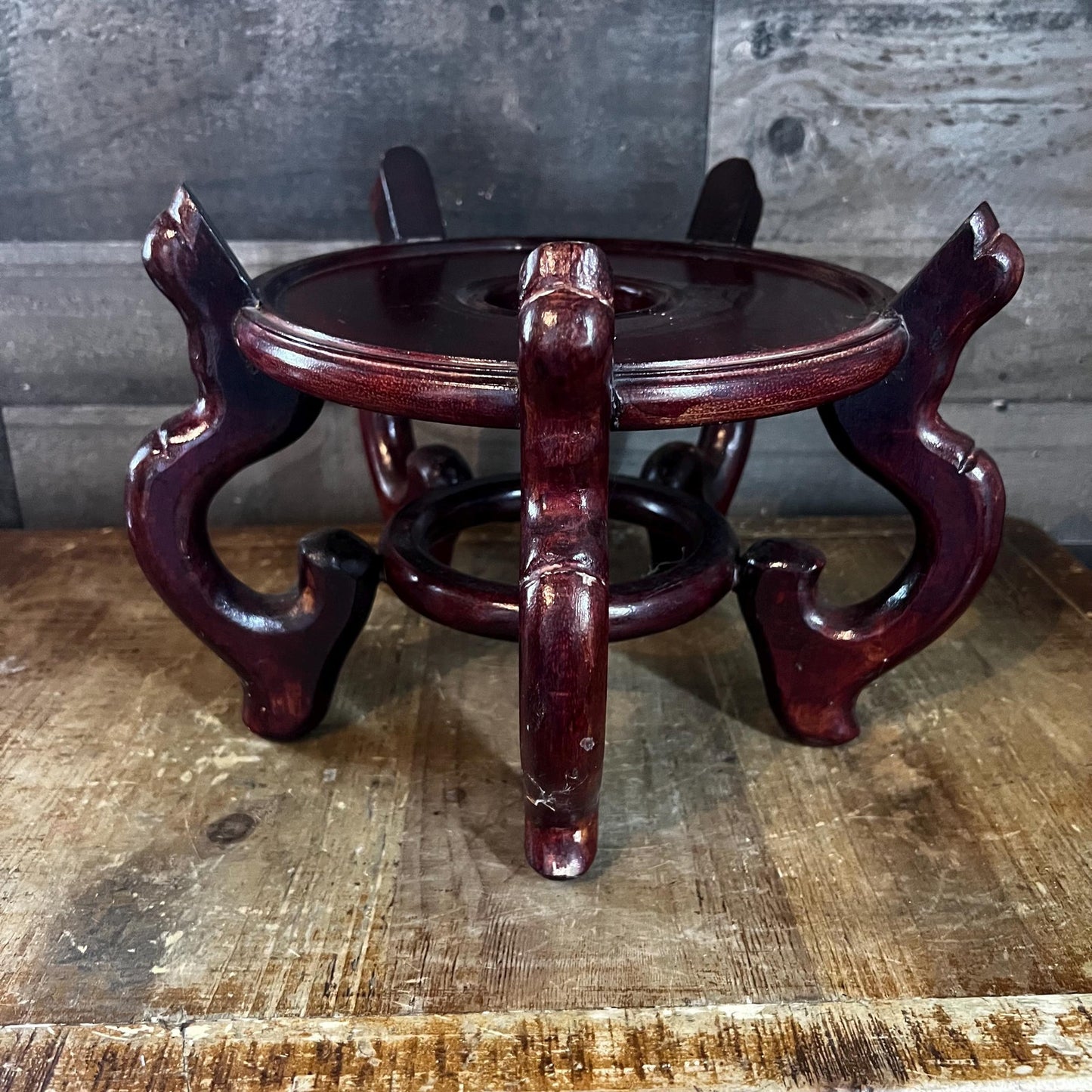 Vintage Wooden Chinese Fishbowl Vase Stand
