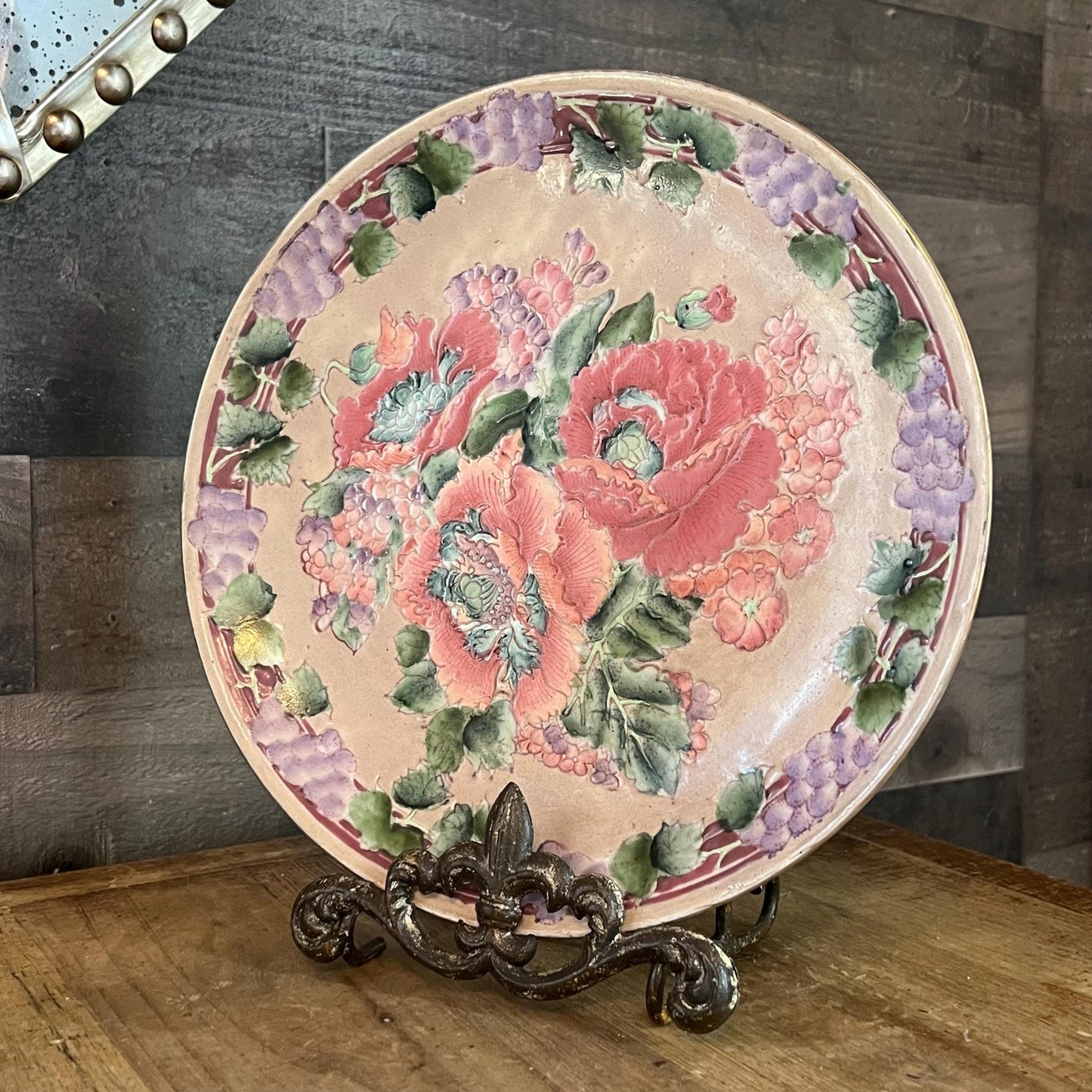 Vintage Hand Painted Porcelain Floral and Grapevine Round Plate