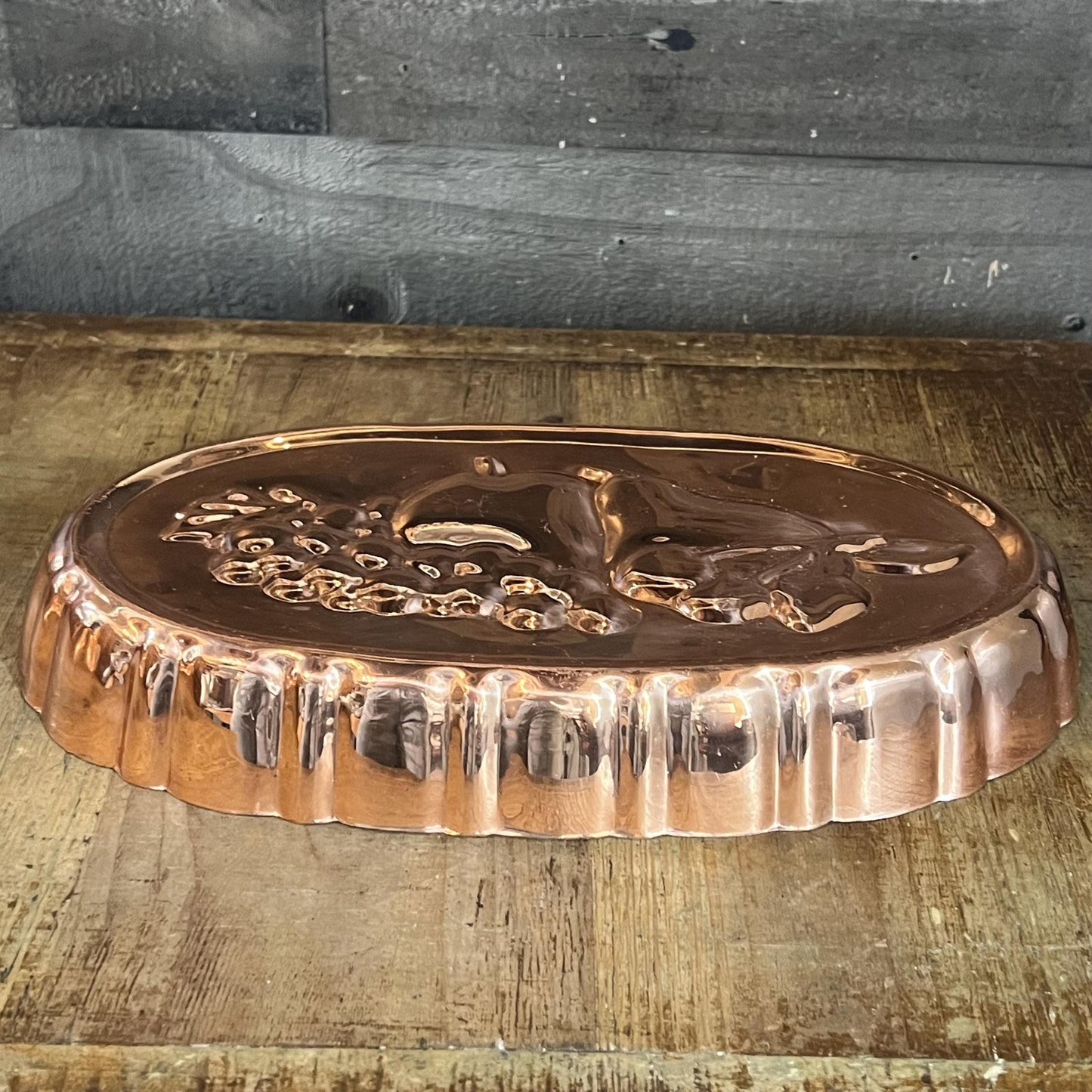 Vintage Copper Oval Scallop Rim Fruit Motif Mold