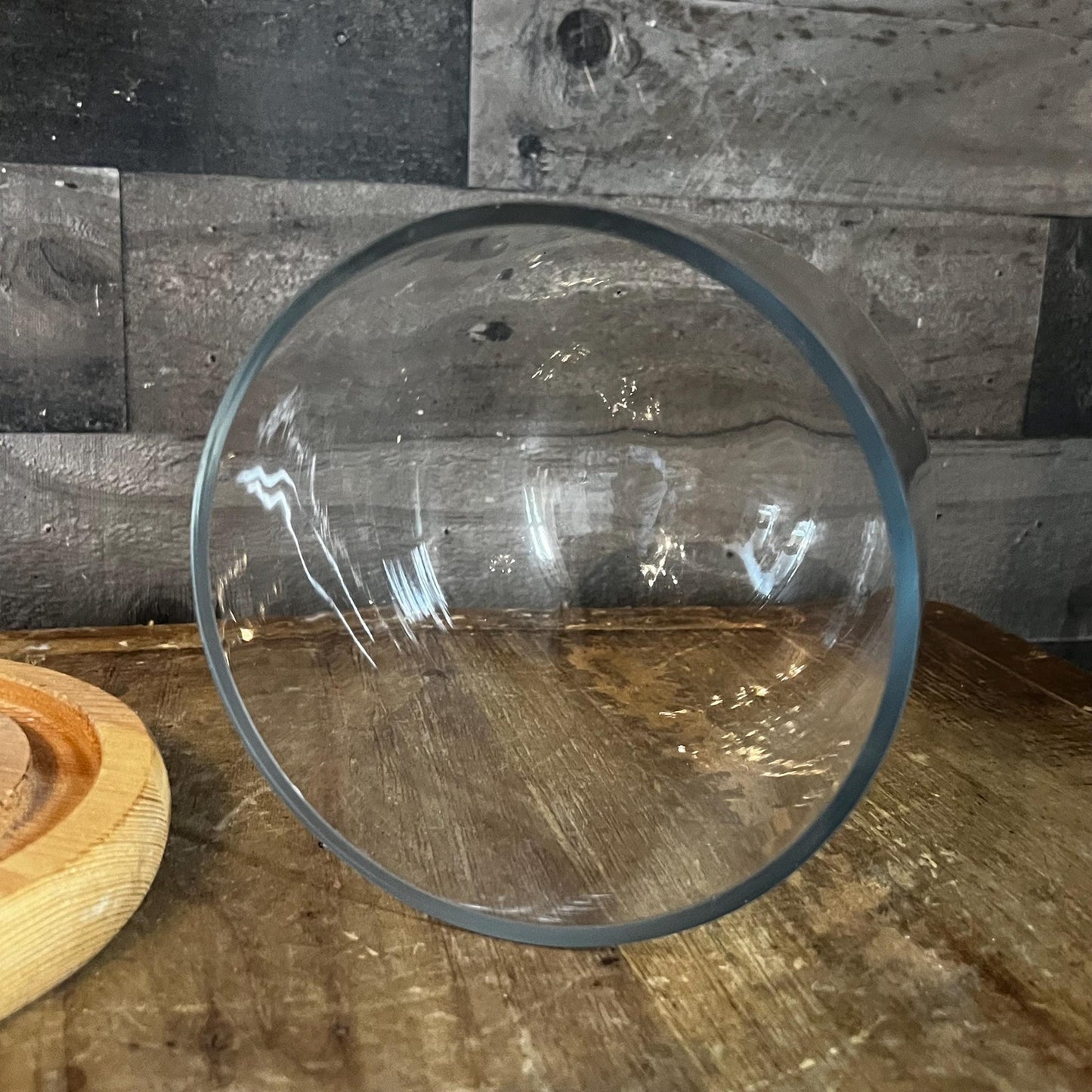 Clear Glass Dome Display on Round Wooden Base