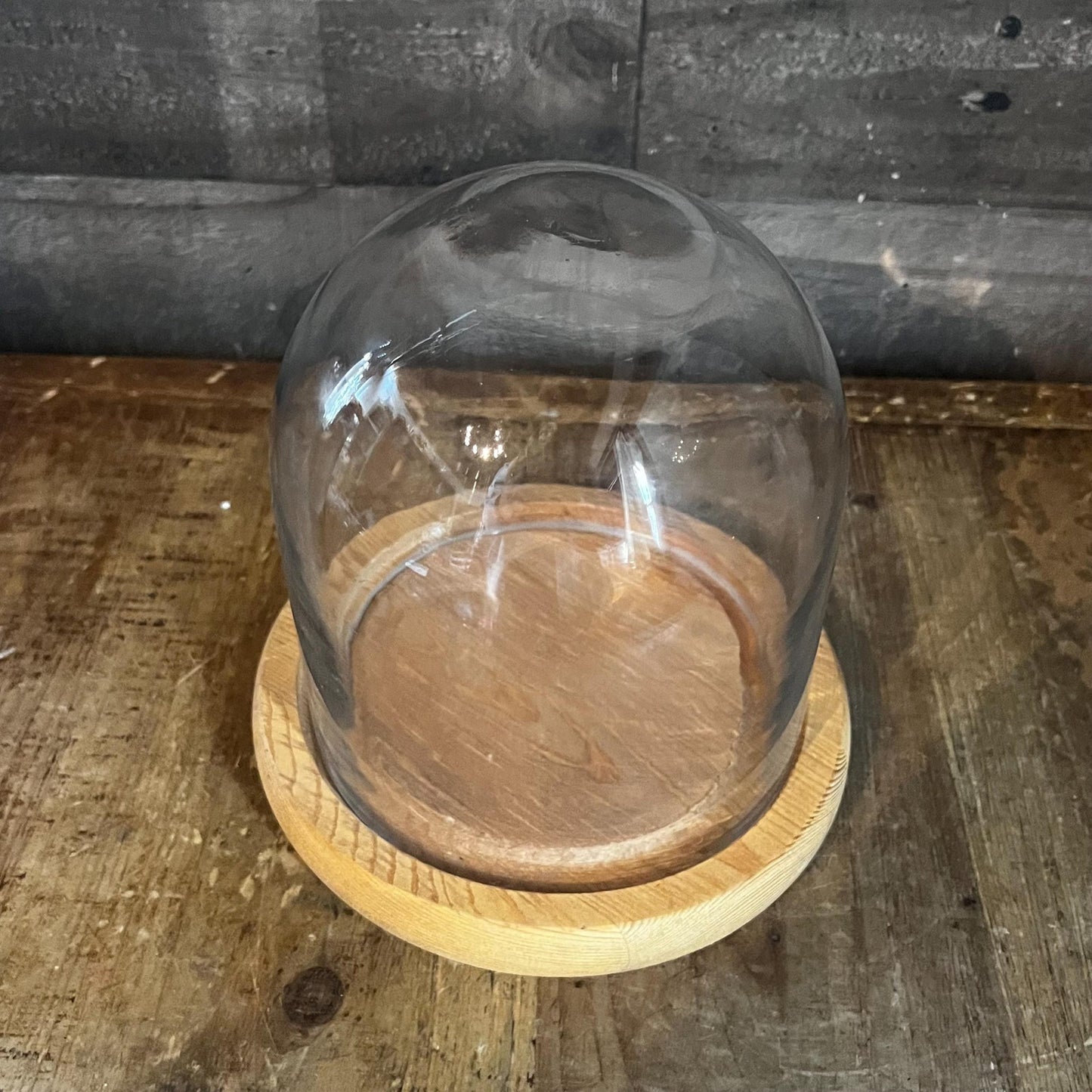 Clear Glass Dome Display on Round Wooden Base