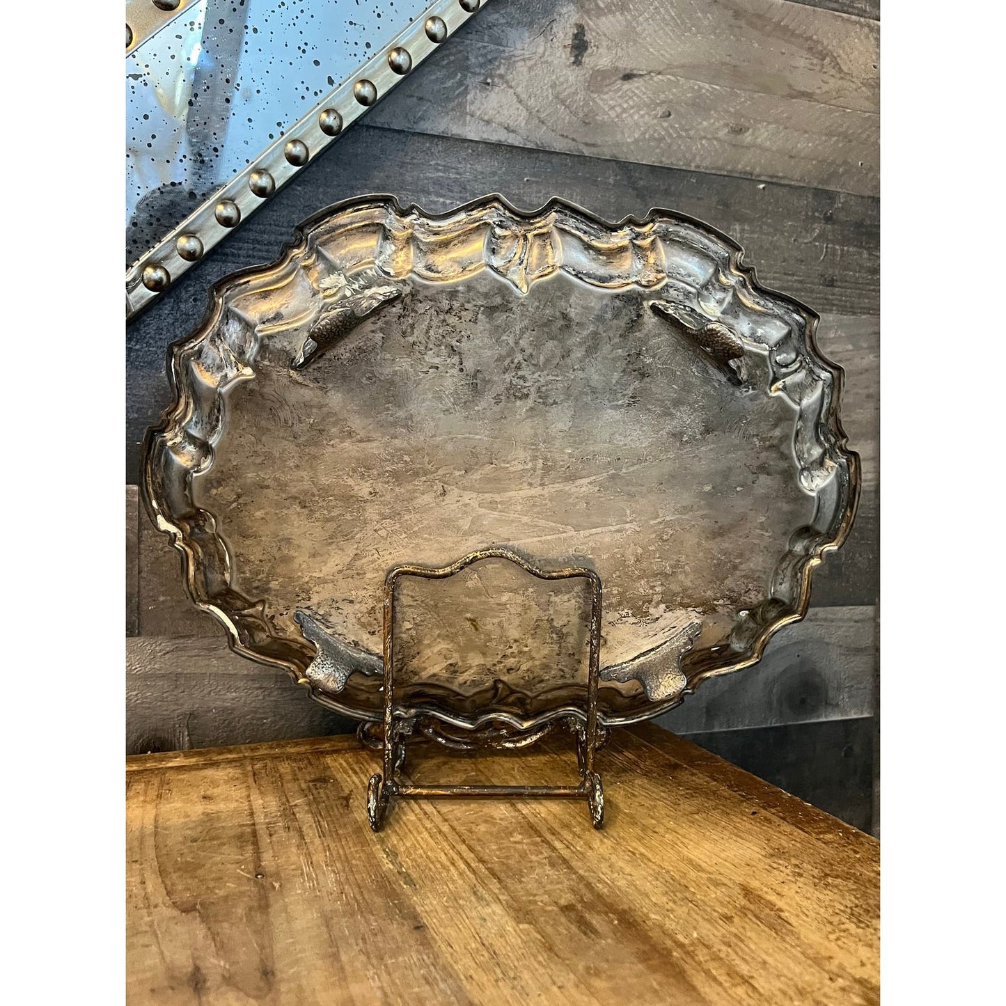 Vintage Leonard Silverplate Oval Scalloped Scroll Rim Footed Serving Tray