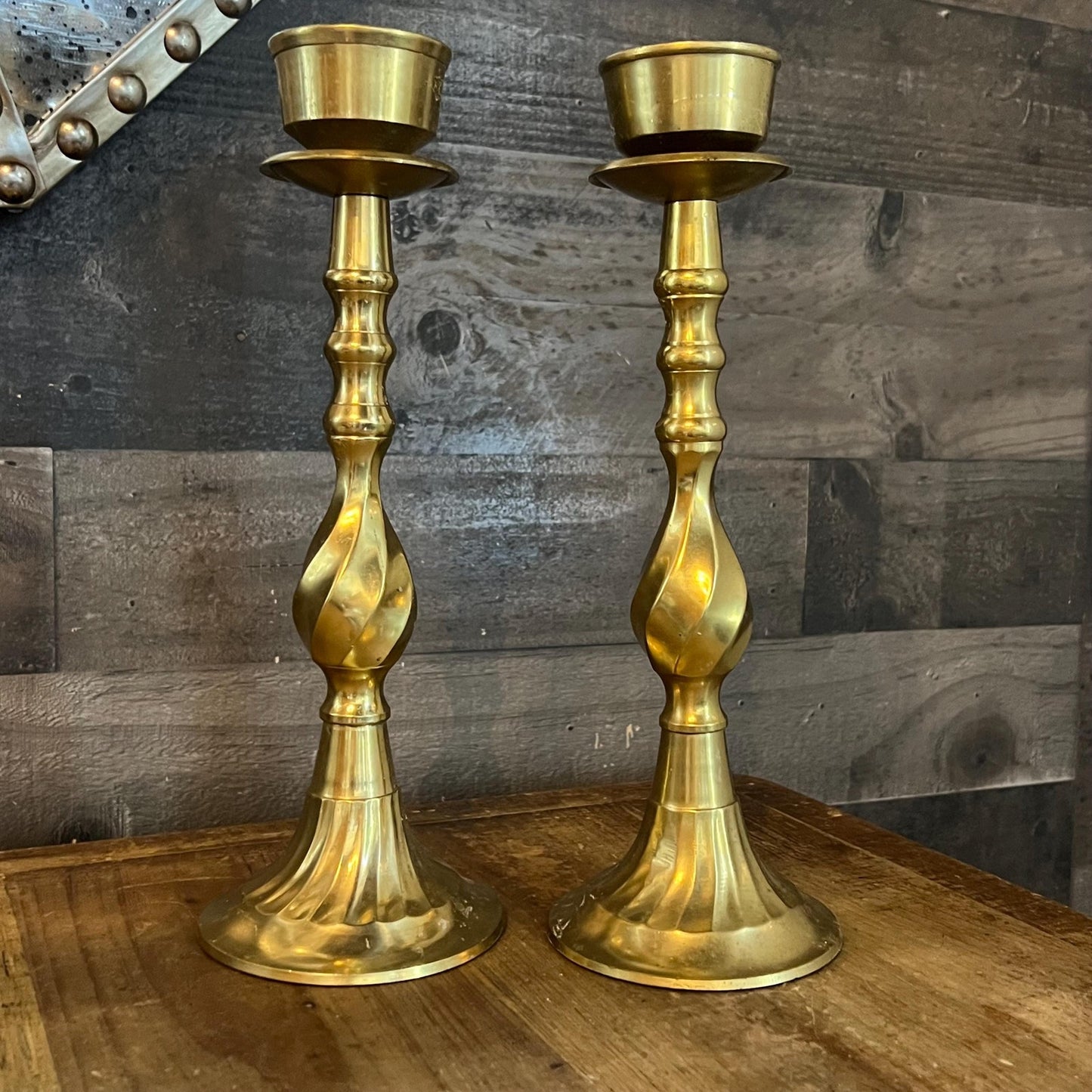 Vintage Brass Swirl Tall Candlestick Holders - Pair