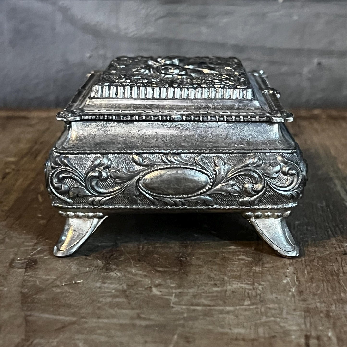 Vintage Rectangular Hinged Lidded Footed Trinket Box - Jewelry Box with Floral Accents