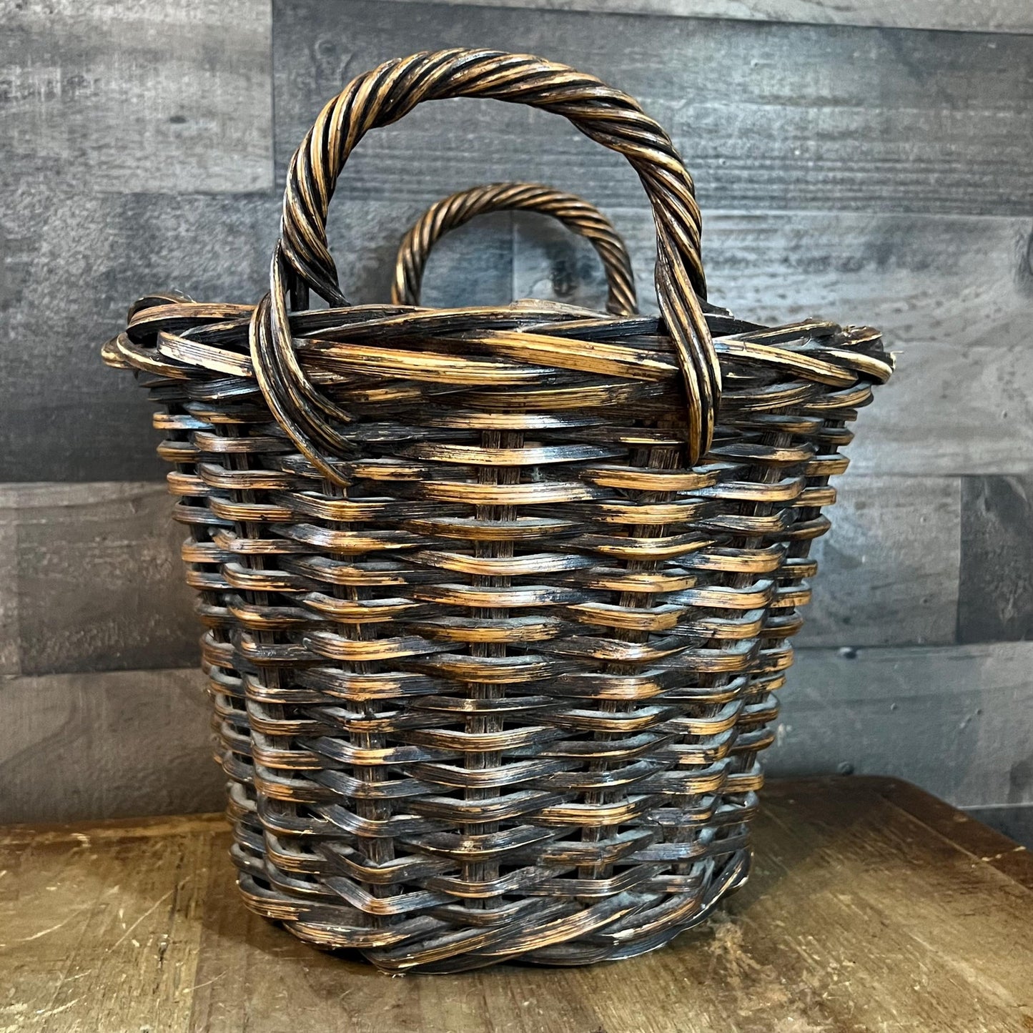 Brown Woven Wicker Round Handled Basket