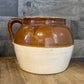 Vintage Blue Crown 2 Stamped Beige and Tan Two Tone Single Handle Crock - Bean Pot - USA Marking