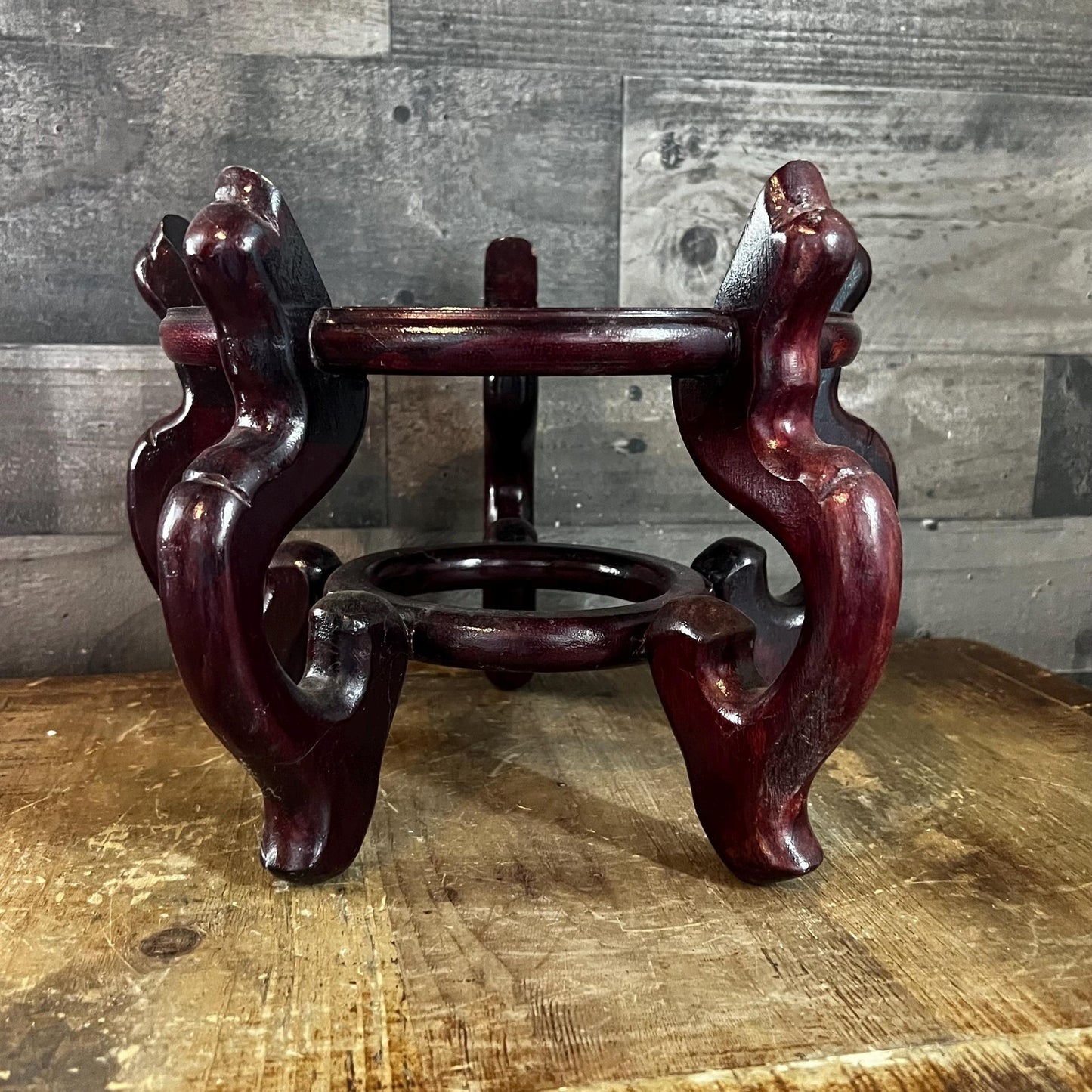 Vintage Wooden Chinese Fishbowl Vase Stand