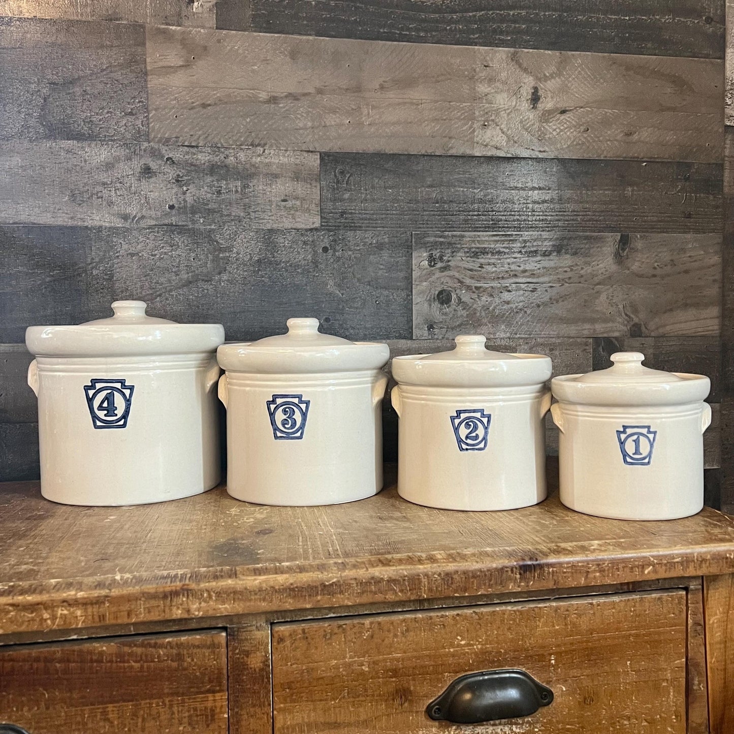 Vintage Pfaltzgraff Yorktowne Stoneware Lidded Canister Set Numbered in Blue 1, 2, 3, 4 - Set Of 4 - Made In USA - Crock Storage Jar Set