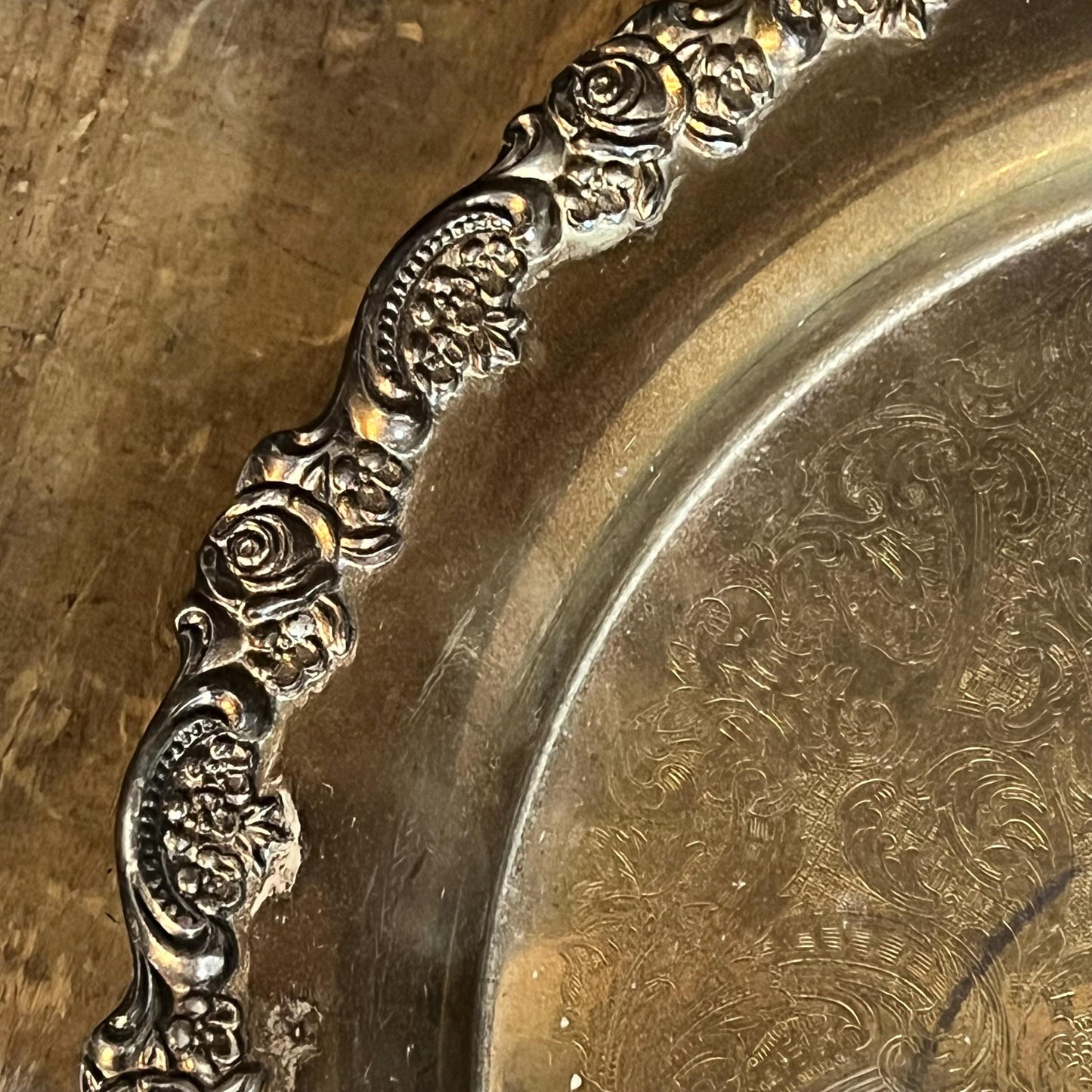 Vintage Oneida Silverplated Round Serving Tray with Rose Embossed Edge Design