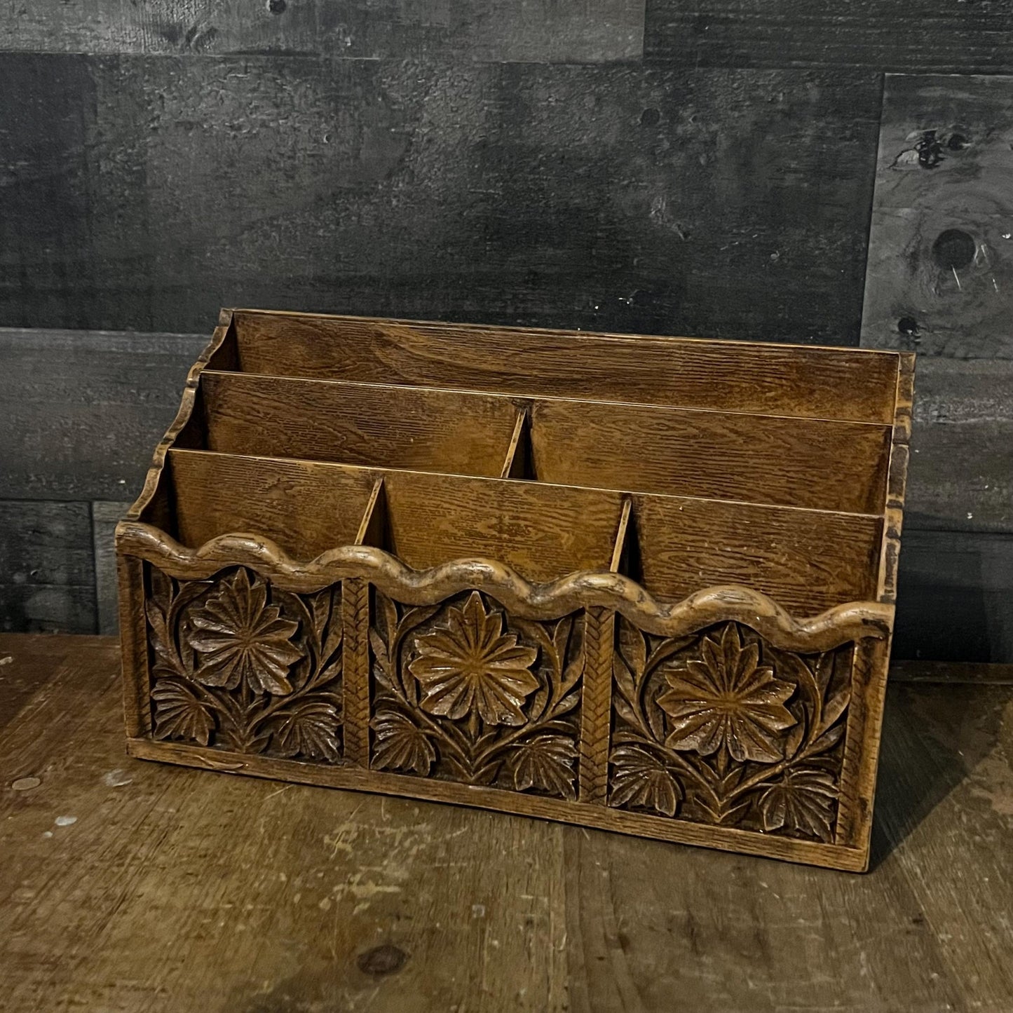Vintage Lerner Faux Carved Wood Desk Organizer - Letter Holder - Mail Holder - Pencil Holder - Pen Holder