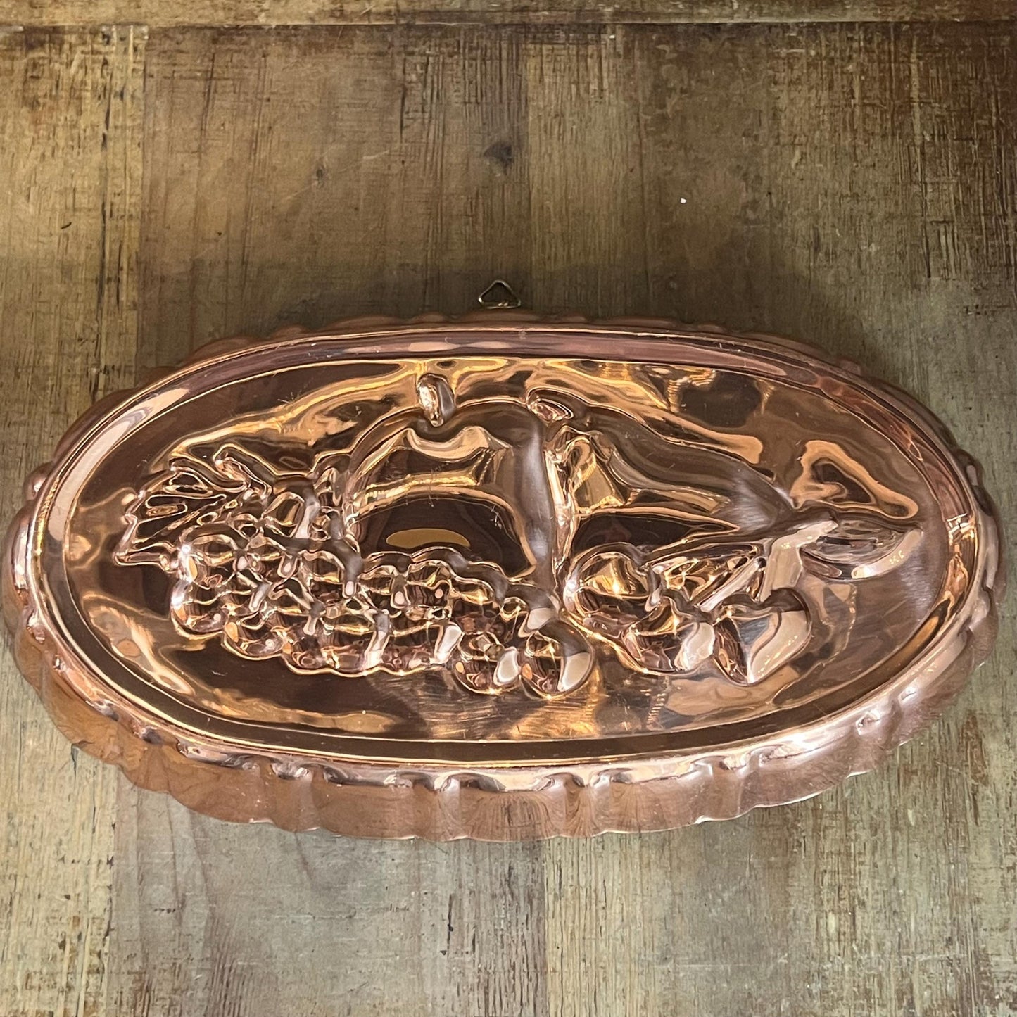 Vintage Copper Oval Scallop Rim Fruit Motif Mold