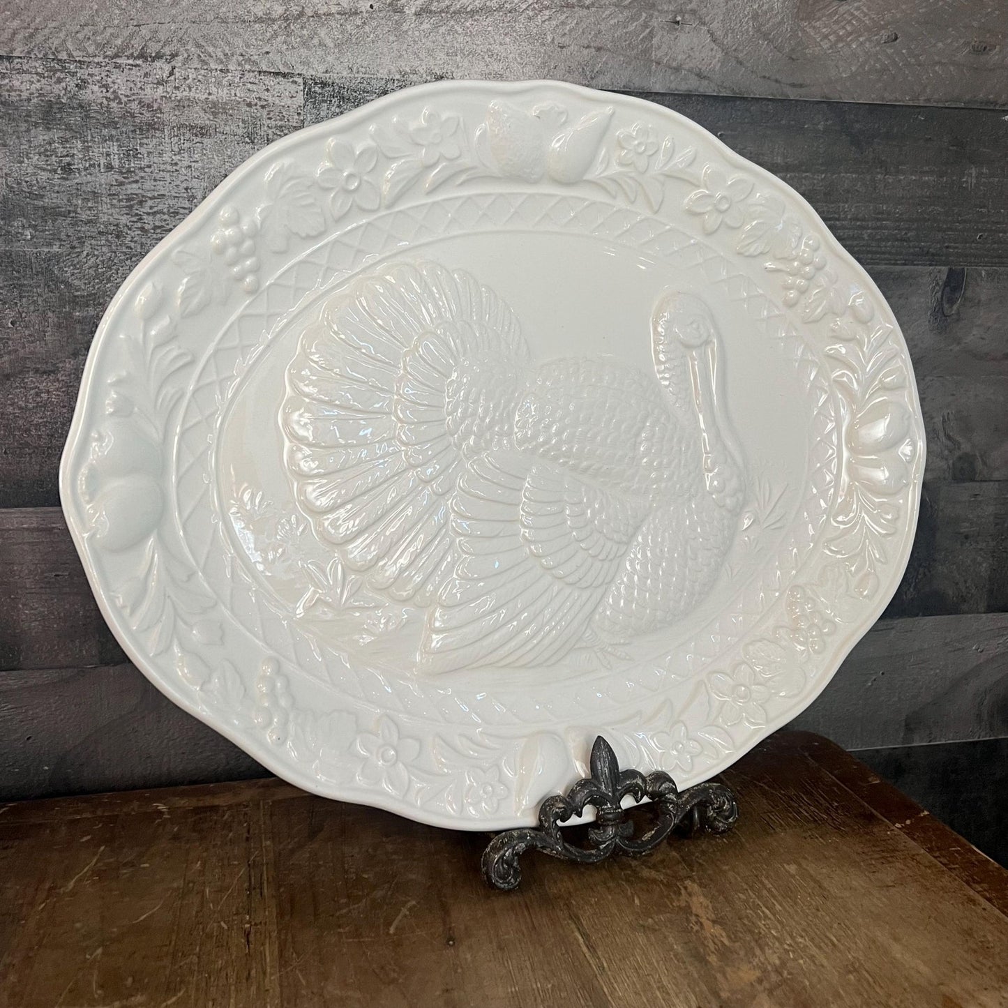 Vintage White Thanksgiving Oval Serving Tray Platter with Turkey Motif