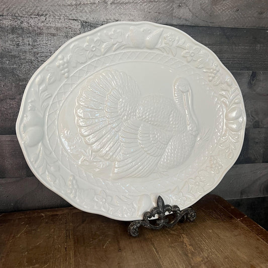 Vintage White Thanksgiving Oval Serving Tray Platter with Turkey Motif