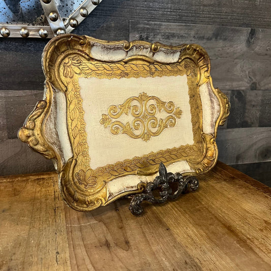 Vintage Italian Florentine White and Gold Wood Tray