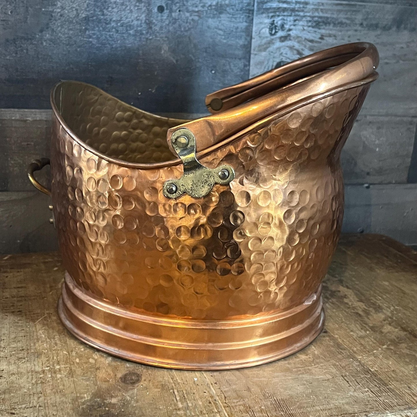 Antique Hammered Copper Brass Handle and Hardware Helmet Shaped Scuttle Bucket - Coal Bucket - Fireplace Bucket - Made in England