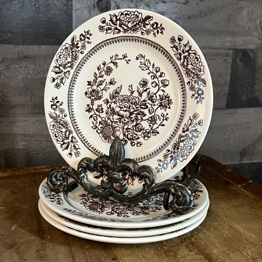 Royal USA Sussex Cavalier Ironstone Brown and White Floral Bread and Butter Plates - Set of 4
