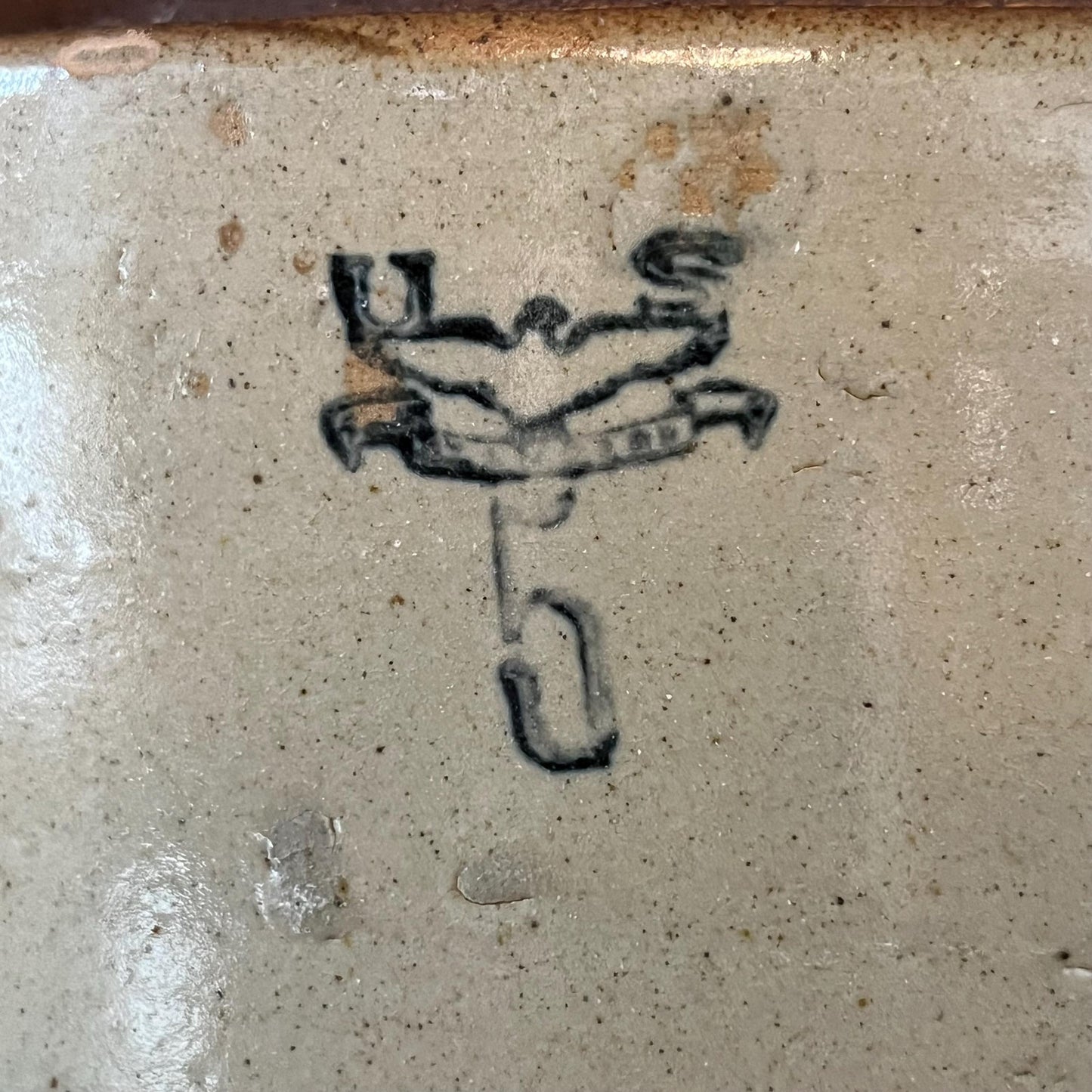 Antique 5 Gallon Blue U S Eagle Stamped Stoneware Jug - Whiskey Crock - Moonshine Crock - Brown and Beige Stoneware Crock